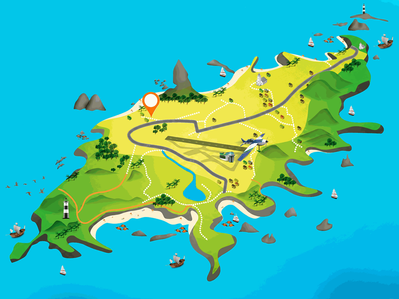 Mapa ilustrado de Fernando de Noronha com estradas, trilhas, relevo, faróis e aeroporto